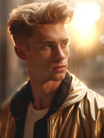 Portrait of a handsome young man with blond hair. Men's beauty, fashion.の素材