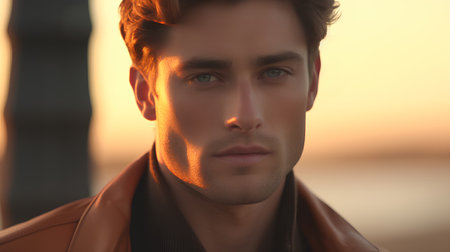 Portrait of a handsome young man in an orange jacket at sunsetの素材