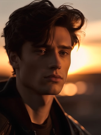 Portrait of a handsome young man at sunset. Men's beauty, fashion.の素材