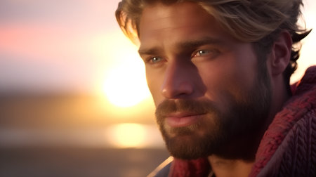 Portrait of a handsome young man on the beach at sunset.の素材
