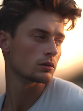 Portrait of a handsome young man in the rays of the setting sunの素材