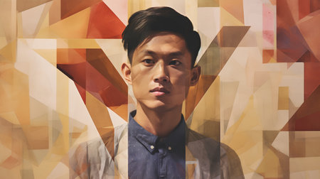Portrait of young Asian man with abstract background. Double exposure.の素材