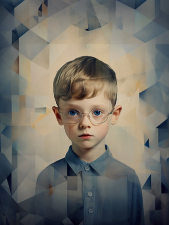 Portrait of a little boy in glasses on a geometric background.の素材