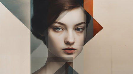 Beautiful young woman face combined with different geometric elements. Contemporary art collage.の素材