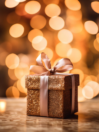 Gift box on bokeh background. Christmas and New Year.の素材