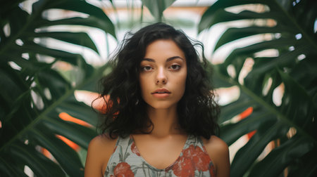 Portrait of a beautiful young woman with long curly hair on a tropical backgroundの素材