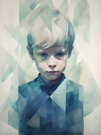 Portrait of a boy in a blue shirt and tie. Digital painting.の素材