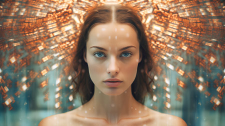 Portrait of a beautiful young woman in a shower. Girl looking at camera.の素材