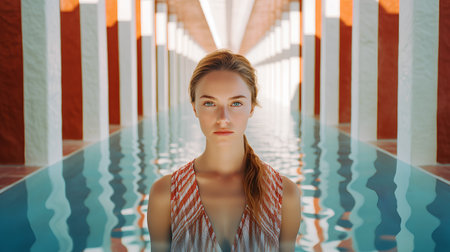 Portrait of a beautiful young woman in a swimming pool looking at cameraの素材