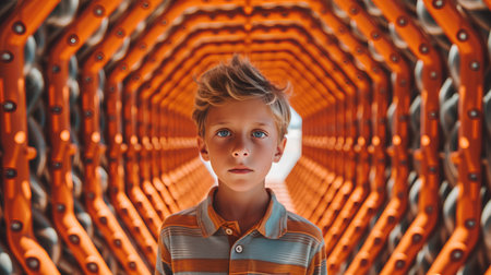 Portrait of a boy in a striped T-shirt standing in an orange tunnel.の素材