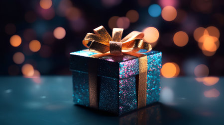 Gift box with golden bow on bokeh lights background.の素材