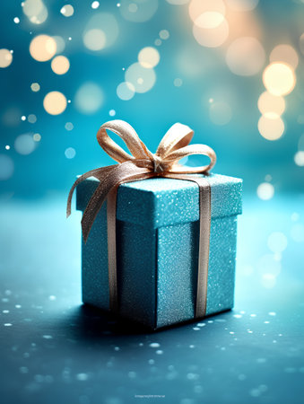 Blue gift box on blue bokeh background. Christmas and New Year concept.の素材