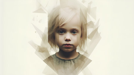 Portrait of a cute little girl with abstract triangular pattern on her faceの素材