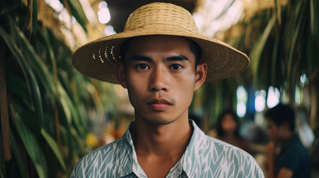Portrait of a handsome young Asian man in a straw hat.の素材