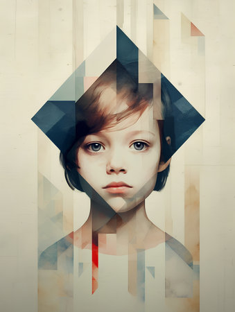 Portrait of a beautiful little girl in a room with geometric shapesの素材