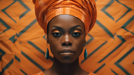 Beautiful african american woman in turban and orange jacketの素材