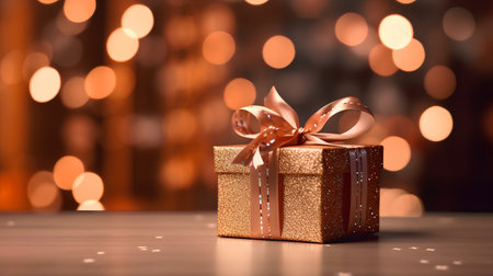 Gift box with golden bow on bokeh background. 3D renderingの素材