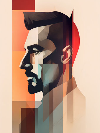 Double exposure portrait of a man with a beard and mustache in profile.の素材