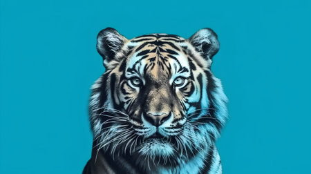 Tiger on a blue background. 3d rendering. Computer digital drawing.の素材
