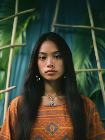 Portrait of a beautiful asian woman with long black hair.の素材