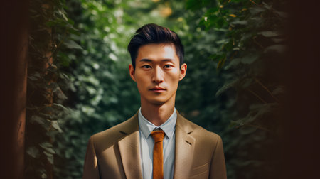 Portrait of young handsome asian man in the green garden.の素材