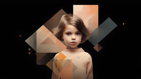 Cute little girl looking at camera. Portrait of a cute little girl on a dark background.の素材