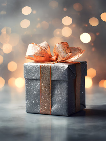 Gift box on bokeh background. Christmas and New Year holidays concept.の素材