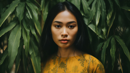 Portrait of a beautiful young asian woman with long black hair in a yellow sweater.の素材