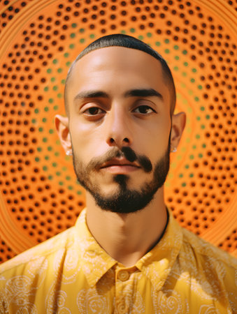 Portrait of a handsome man with a beard on a orange backgroundの素材
