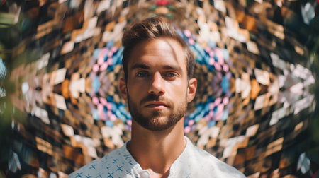 Handsome young man with stylish hairdo and beard in white shirt standing in front of colorful abstract backgroundの素材