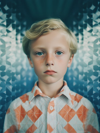 Portrait of a boy with freckles on his face. Blue background.の素材