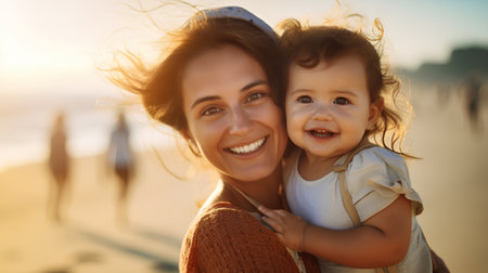 Portrait of happy mother and her daughter on the beach at sunsetの素材