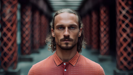Portrait of a handsome man with a beard and mustache in a red shirt standing on the bridgeの素材