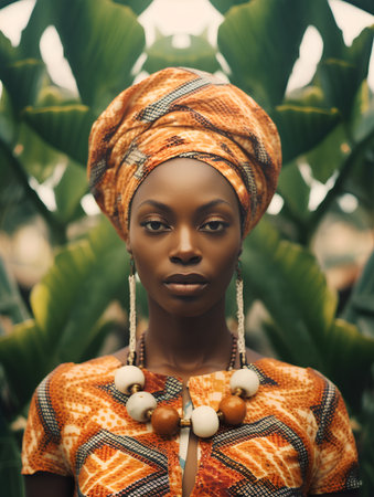 Beautiful african woman wearing traditional clothes and headscarf. Fashion portrait of young black African woman in nature.の素材