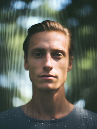 Portrait of a handsome young man in the park. Men's beauty, fashion.の素材