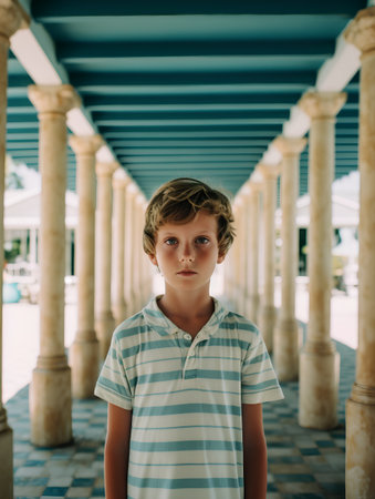 Portrait of a boy in a blue T-shirt on a background of columnsの素材