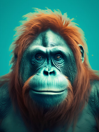 Portrait of an angry orangutan. Studio shot over green background.の素材