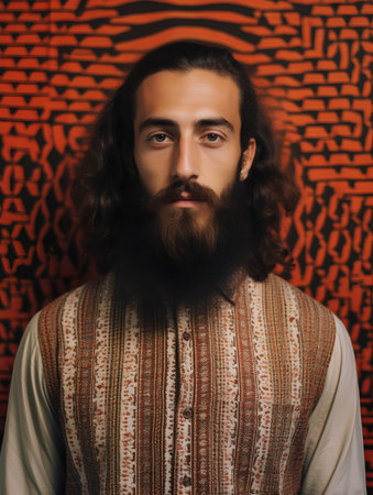 Portrait of a handsome man with long beard and mustache in a traditional costume.の素材