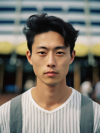 Portrait of a handsome young Asian man standing in the city.の素材