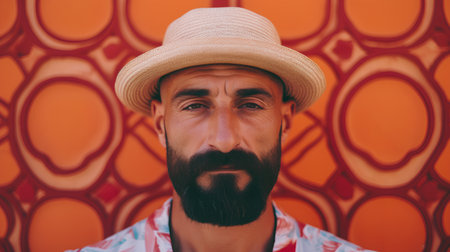 Portrait of a bearded man with a hat on a colorful backgroundの素材
