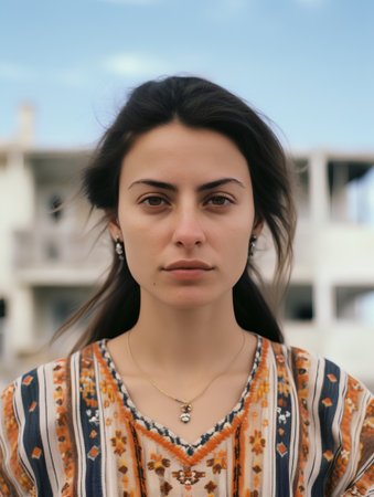 Portrait of a beautiful young girl with long black hair, wearing a boho style dress.の素材