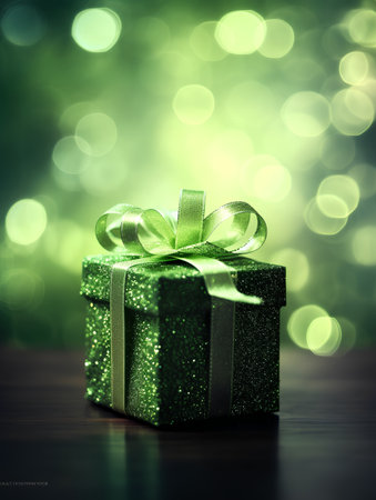 Green gift box on bokeh background. Christmas and New Year concept.の素材
