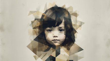 portrait of a little girl with long hair in a geometric styleの素材