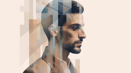 Portrait of a handsome bearded man with double exposure effect. Concept of modern technologies.の素材