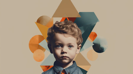 Cute little boy with messy hair looking at camera while standing against geometric backgroundの素材