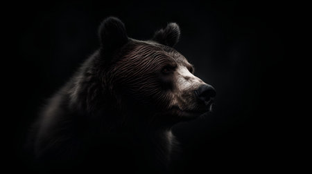 Portrait of a brown bear on a black background in the studioの素材