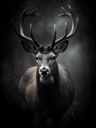 Portrait of a red deer with big antlers on dark backgroundの素材