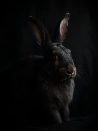 Portrait of a black rabbit on a black background, studio shotの素材