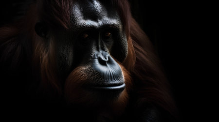 Portrait of an adult male orangutan on a black backgroundの素材