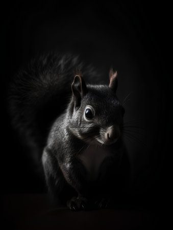 Squirrel on a dark background, black and white photo with copy spaceの素材